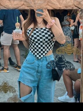 Checkerboard Strapless Crop Top in Black & White